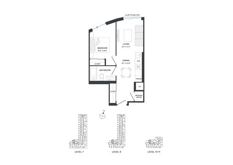 Floor plan for 1 bed, 1 bath, 477 sqft